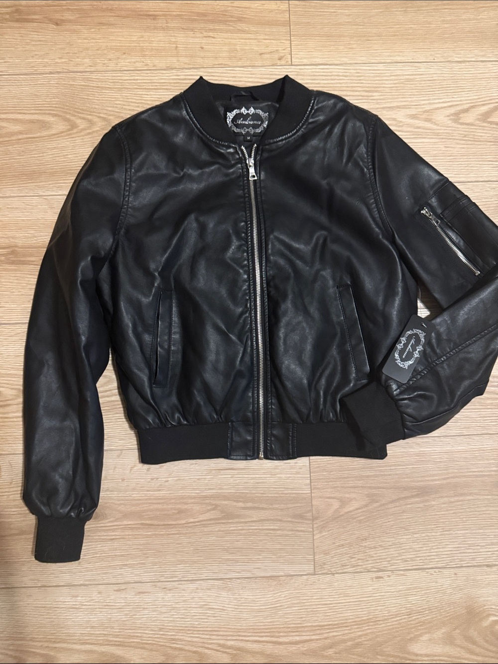 Ambiance Black Faux Leather Bomber Jacket for Women